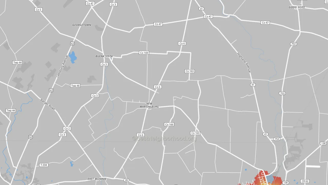 Walk Grade map of New Martinsburg, OH, walkable areas in green and car-dependent areas in red