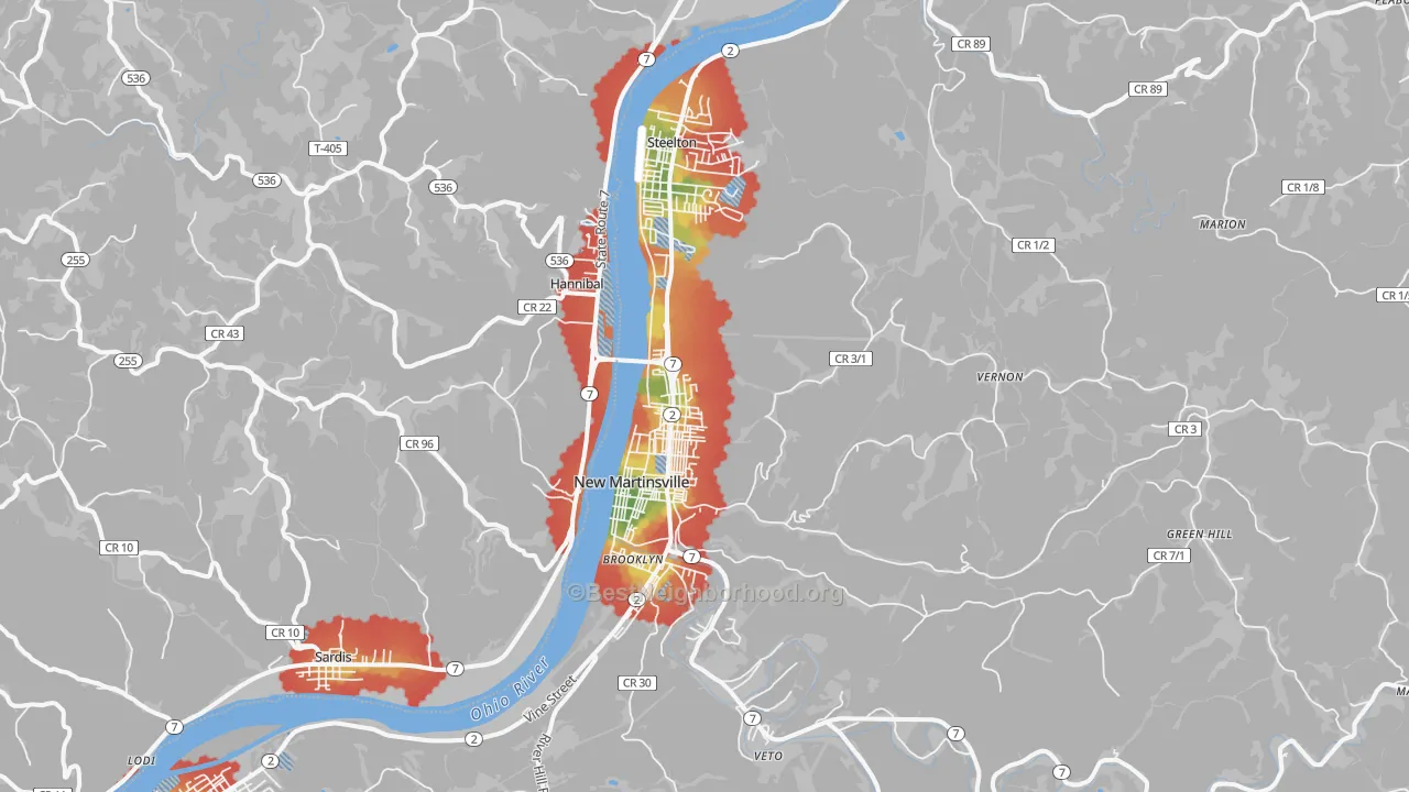 Walk Grade map of New Martinsville, WV, walkable areas in green and car-dependent areas in red