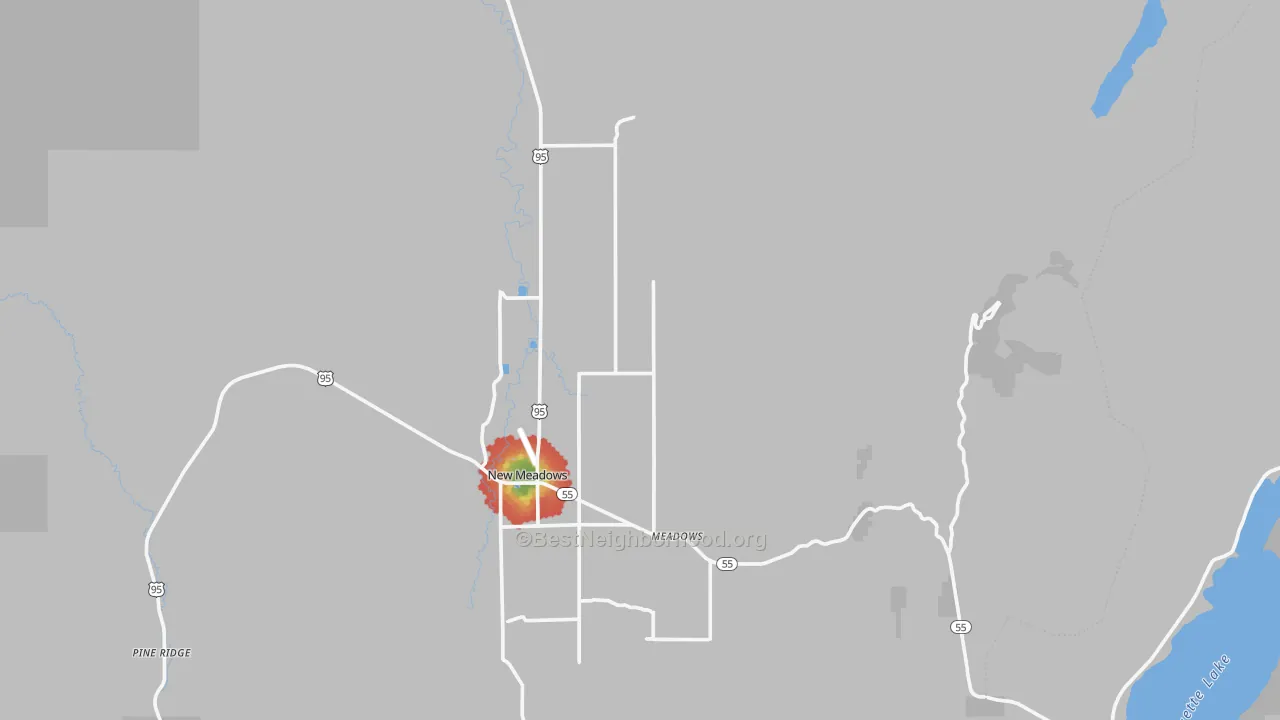 Walk Grade map of New Meadows, ID, walkable areas in green and car-dependent areas in red