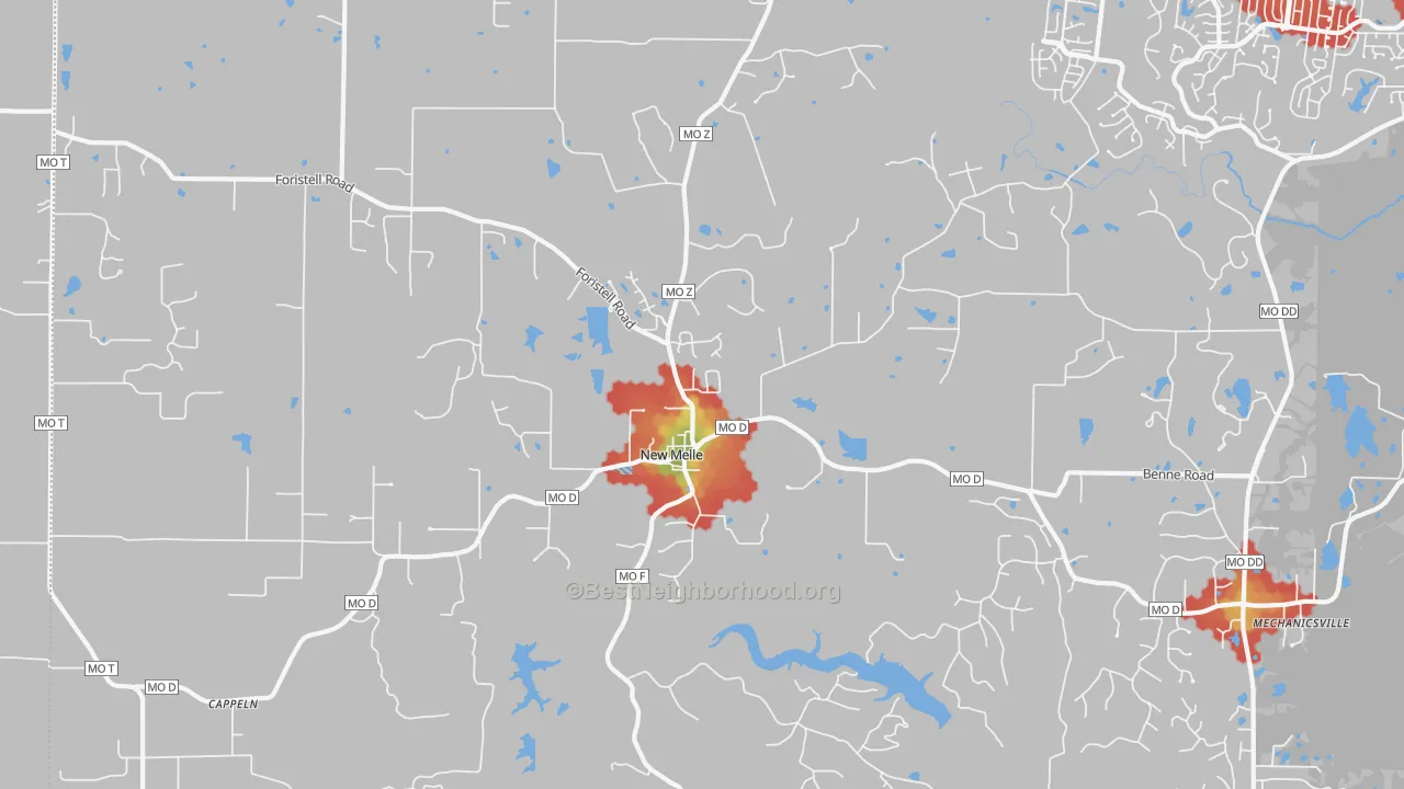 Walk Grade map of New Melle, MO, walkable areas in green and car-dependent areas in red