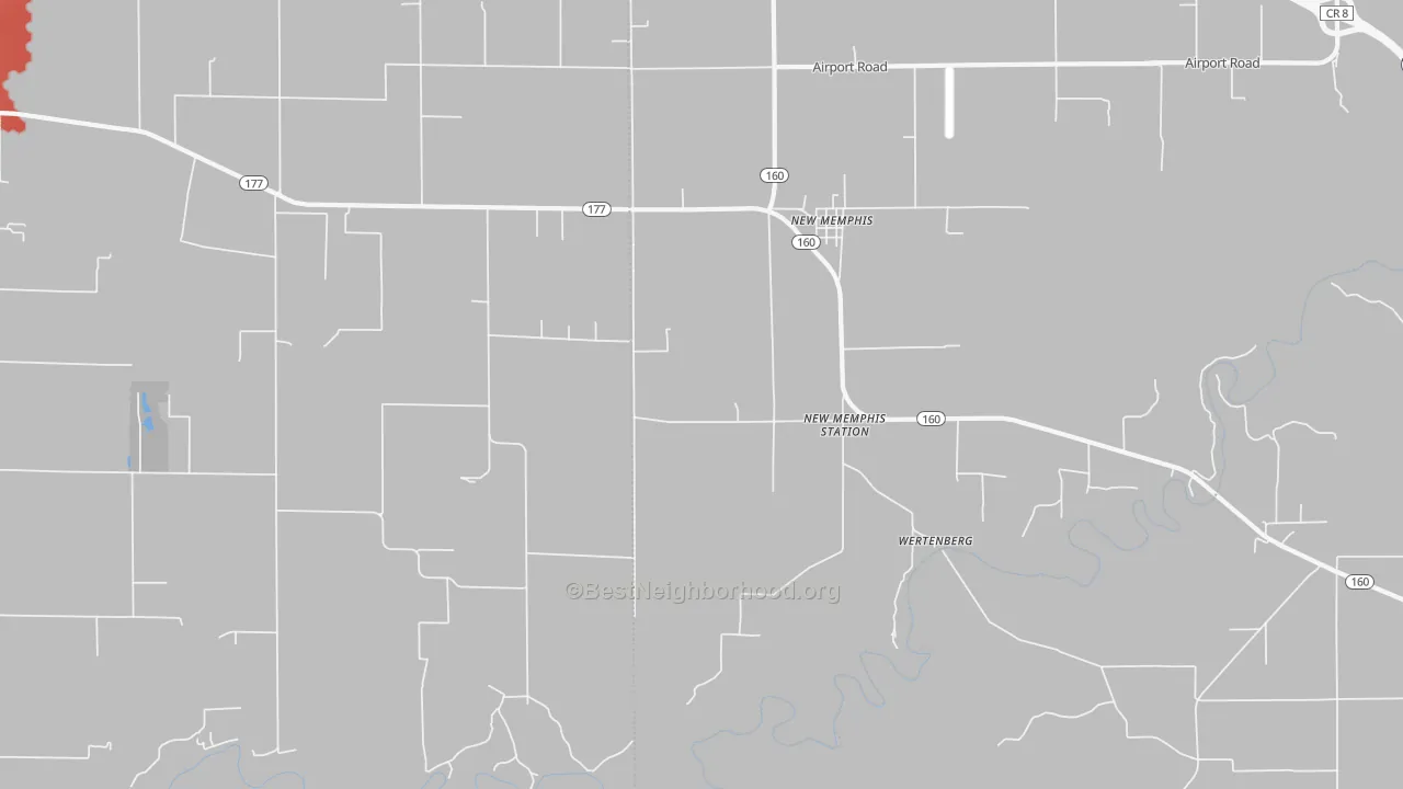 Walk Grade map of New Memphis, IL, walkable areas in green and car-dependent areas in red