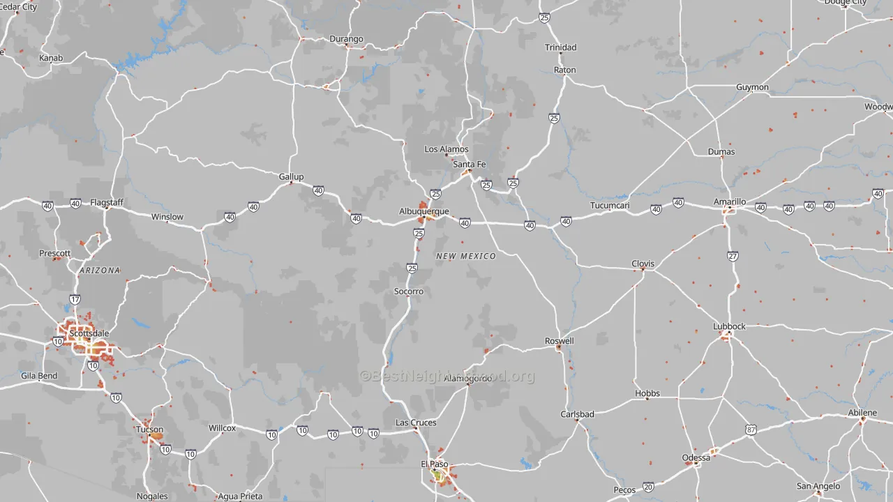 Walk Grade map of New Mexico, walkable areas in green and car-dependent areas in red