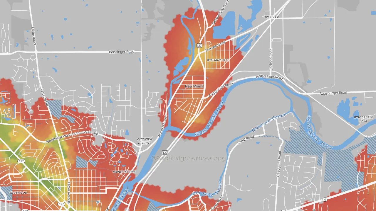 Walk Grade map of New Miami, OH, walkable areas in green and car-dependent areas in red