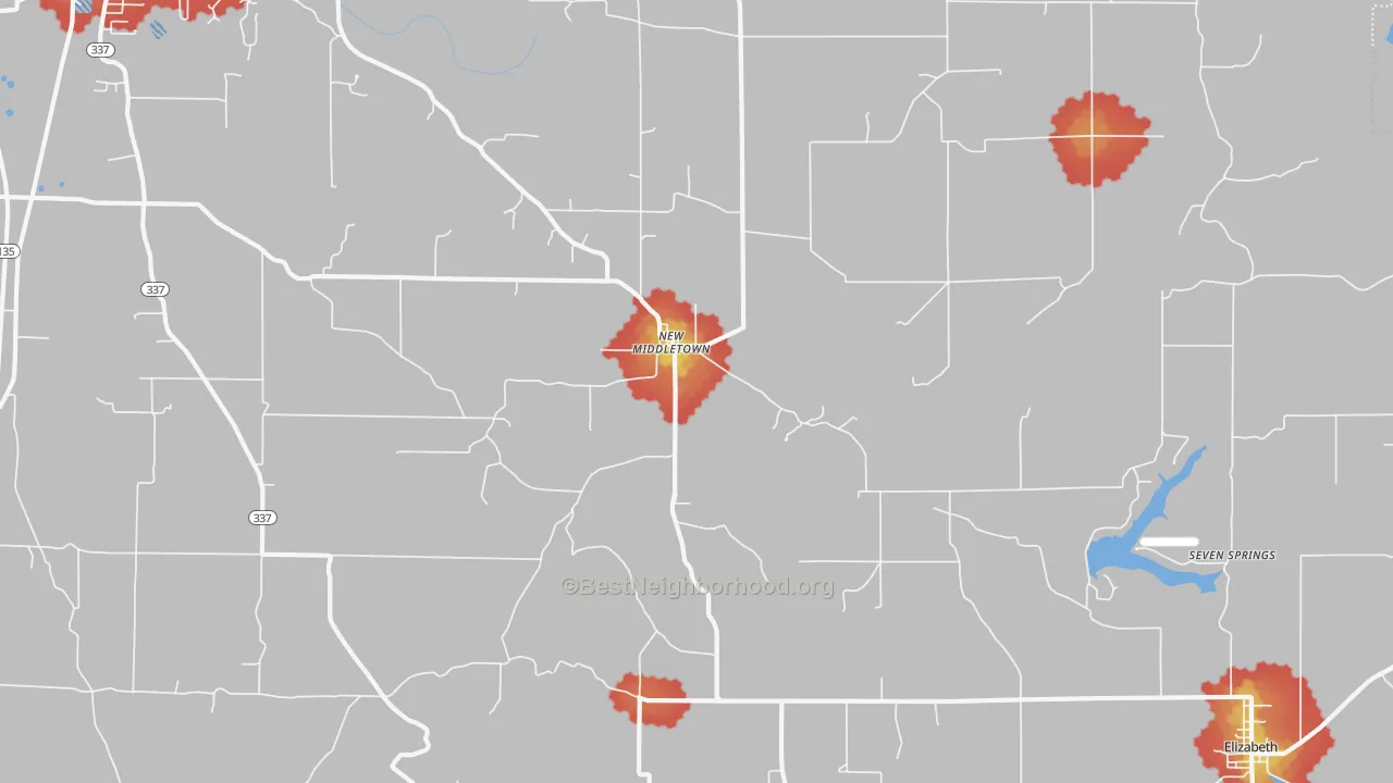 Walk Grade map of New Middletown, IN, walkable areas in green and car-dependent areas in red