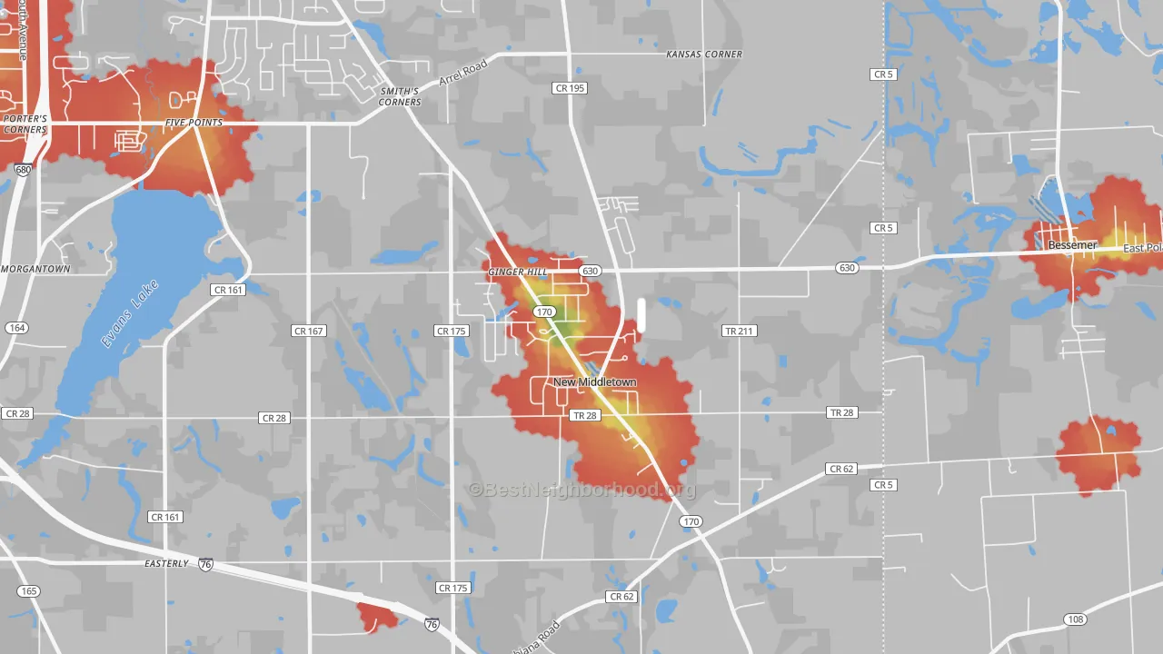 Walk Grade map of New Middletown, OH, walkable areas in green and car-dependent areas in red