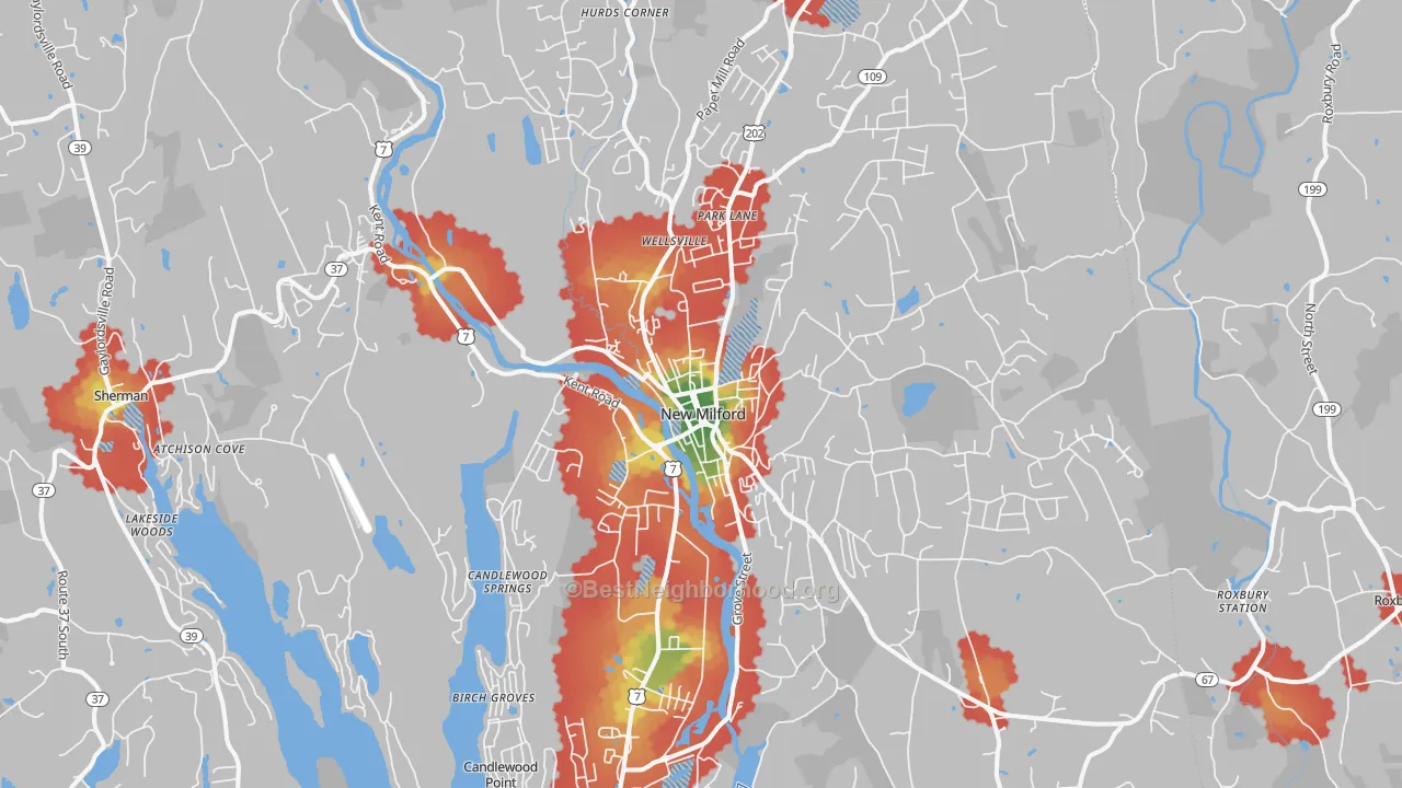 Walk Grade map of New Milford, CT, walkable areas in green and car-dependent areas in red