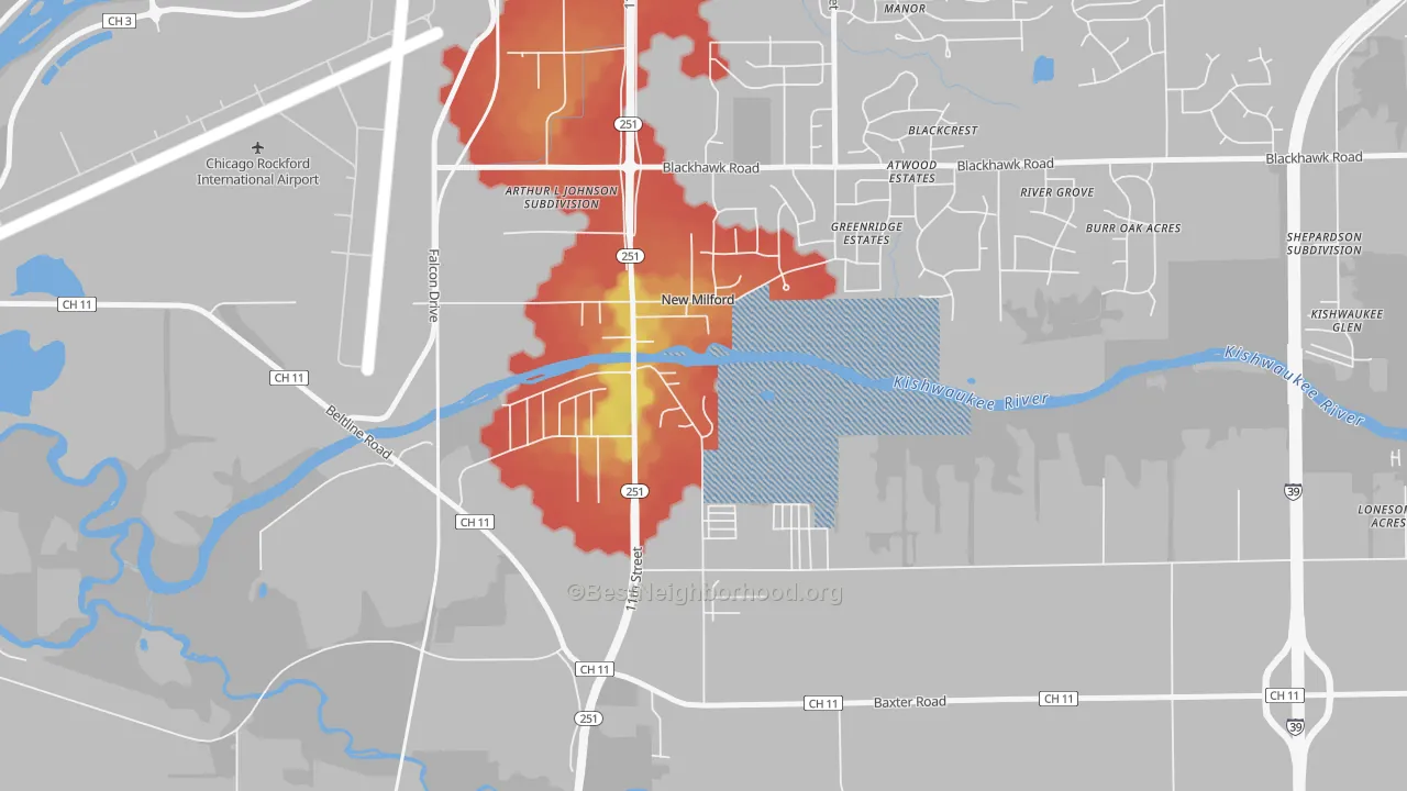 Walk Grade map of New Milford, IL, walkable areas in green and car-dependent areas in red