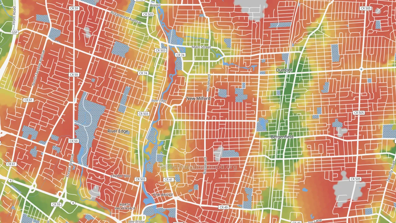 Walk Grade map of New Milford, NJ, walkable areas in green and car-dependent areas in red