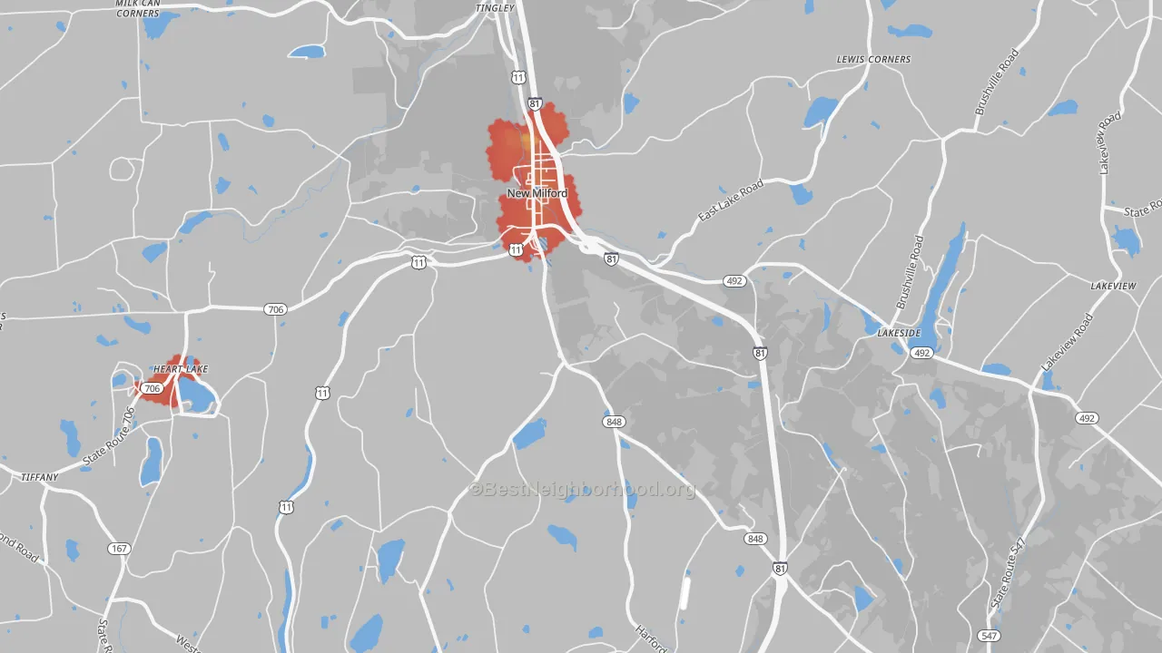 Walk Grade map of New Milford, PA, walkable areas in green and car-dependent areas in red
