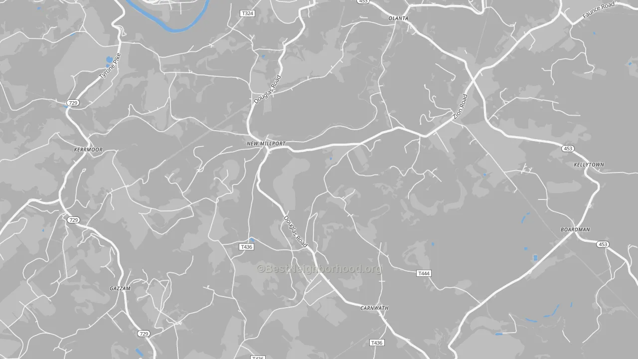 Walk Grade map of New Millport, PA, walkable areas in green and car-dependent areas in red