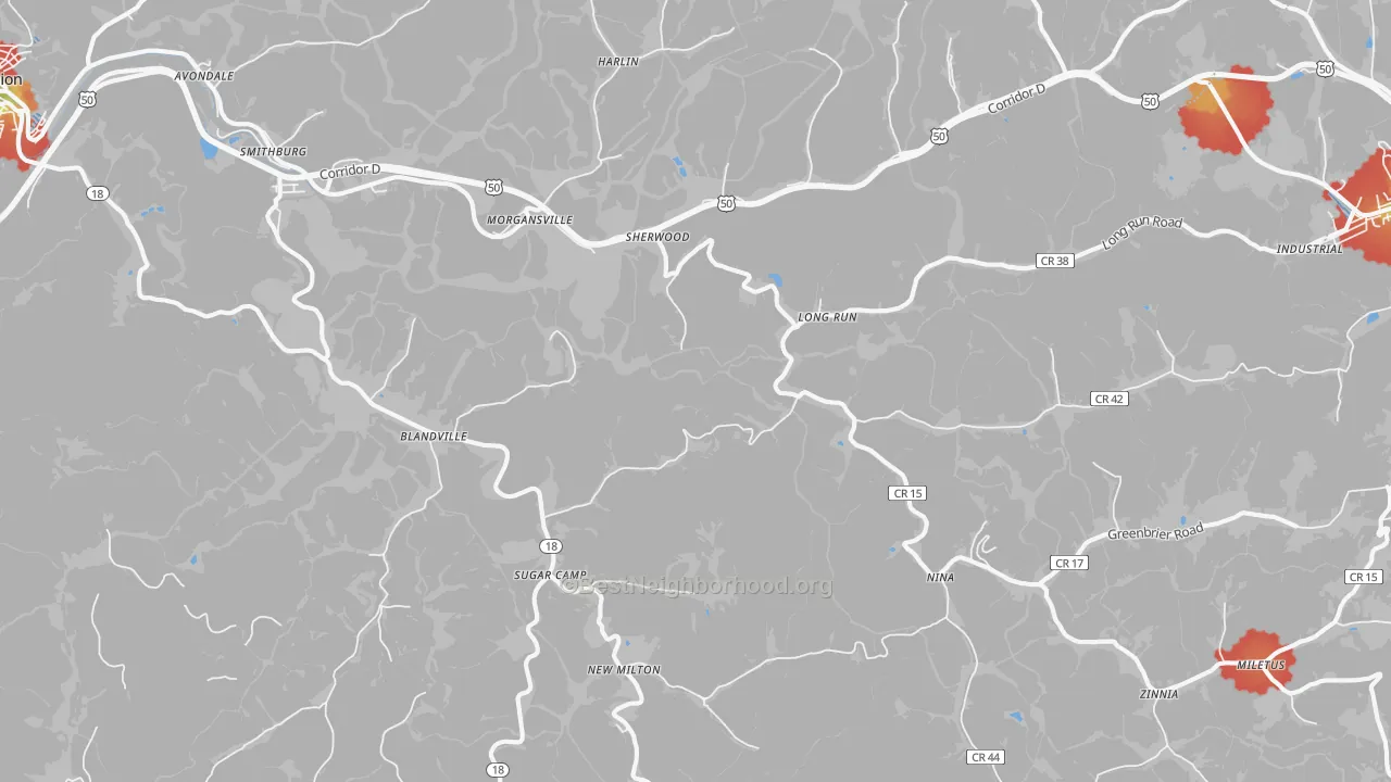 Walk Grade map of New Milton, WV, walkable areas in green and car-dependent areas in red