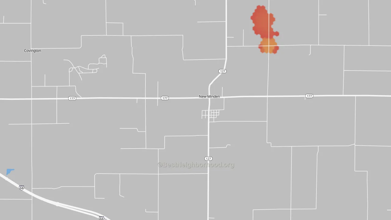 Walk Grade map of New Minden, IL, walkable areas in green and car-dependent areas in red