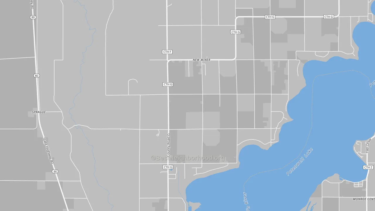 Walk Grade map of New Miner, WI, walkable areas in green and car-dependent areas in red