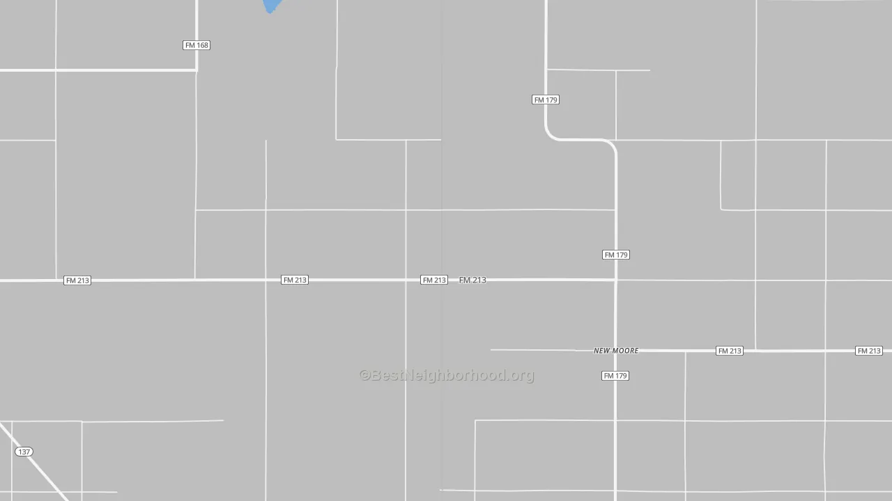 Walk Grade map of New Moore, TX, walkable areas in green and car-dependent areas in red