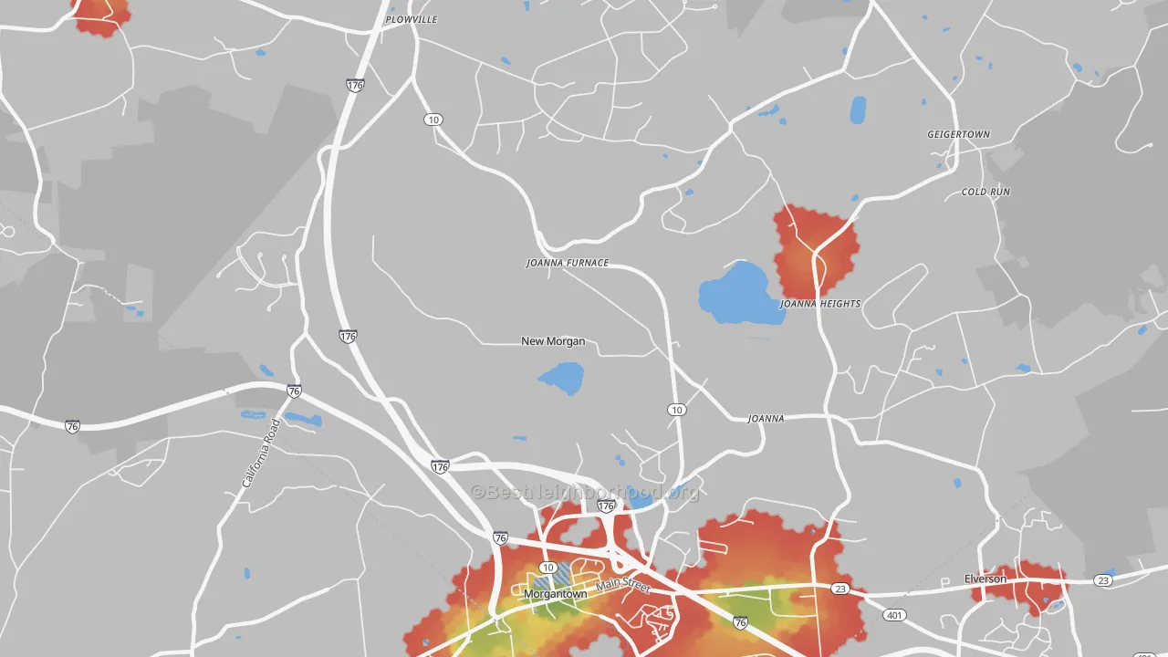 Walk Grade map of New Morgan, PA, walkable areas in green and car-dependent areas in red