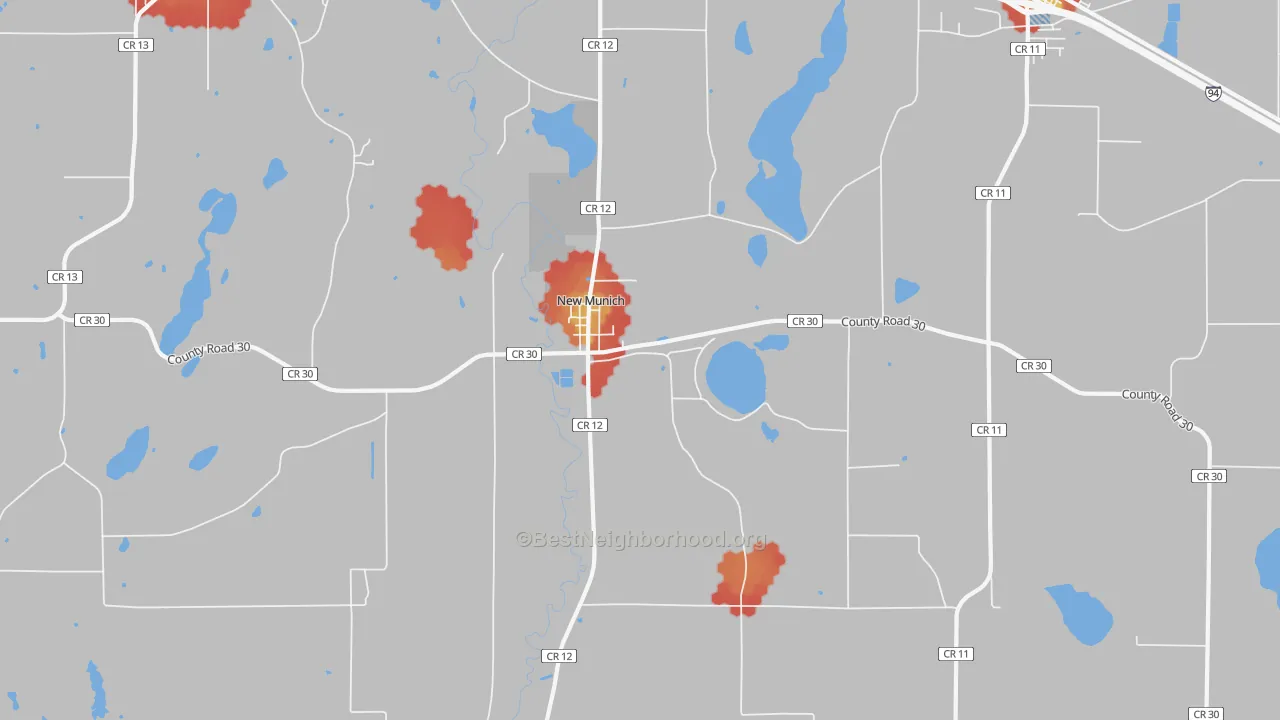 Walk Grade map of New Munich, MN, walkable areas in green and car-dependent areas in red