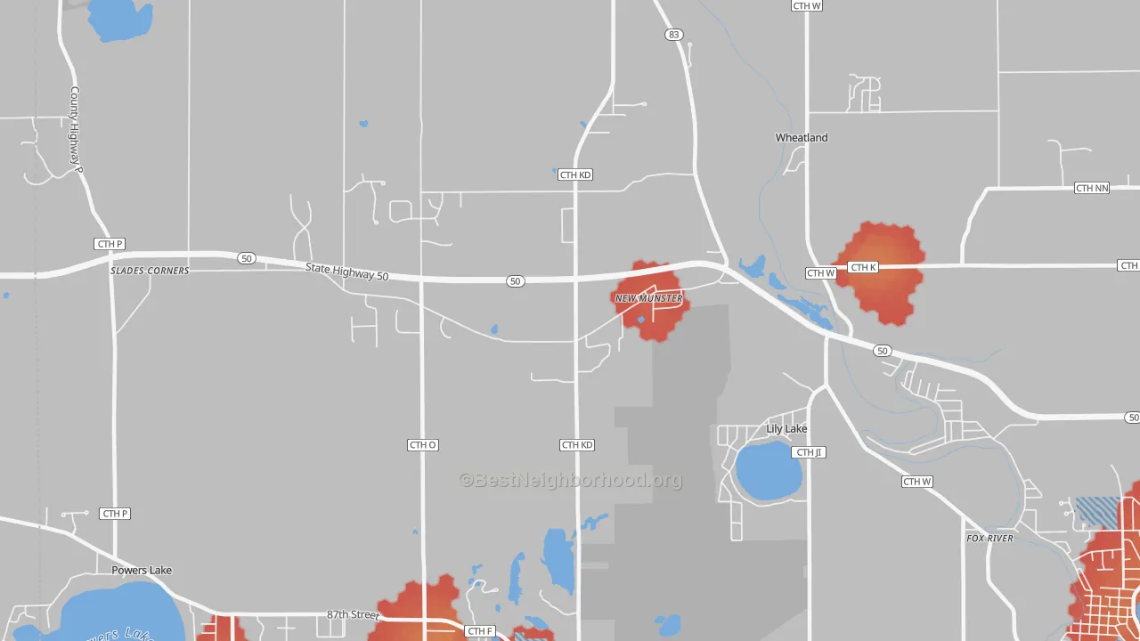 Walk Grade map of New Munster, WI, walkable areas in green and car-dependent areas in red