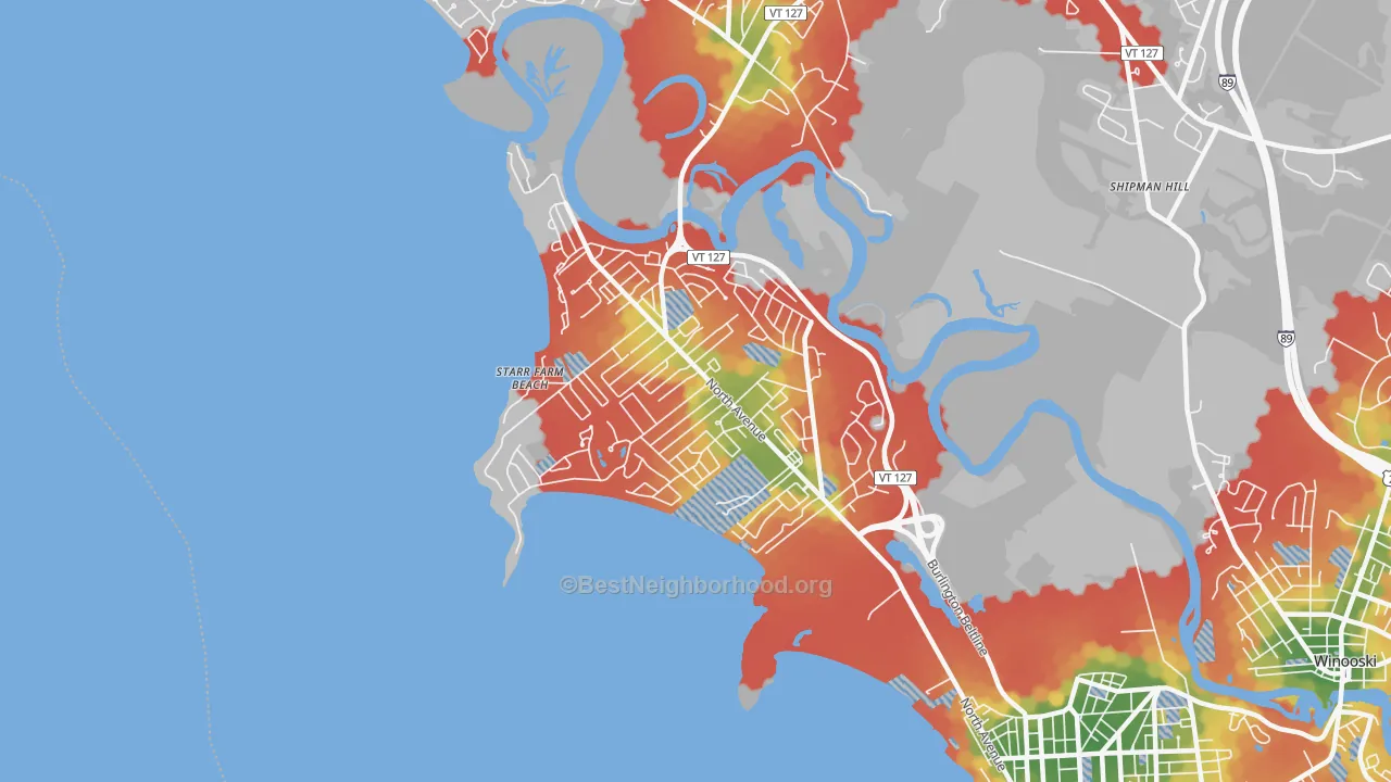 Walk Grade map of New North End, Burlington, VT, walkable areas in green and car-dependent areas in red