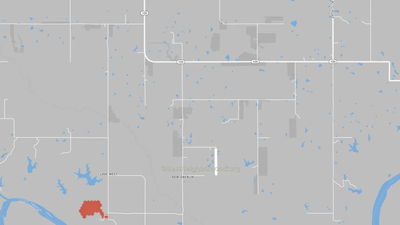 Walk Grade map of New Oberlin, OK, walkable areas in green and car-dependent areas in red