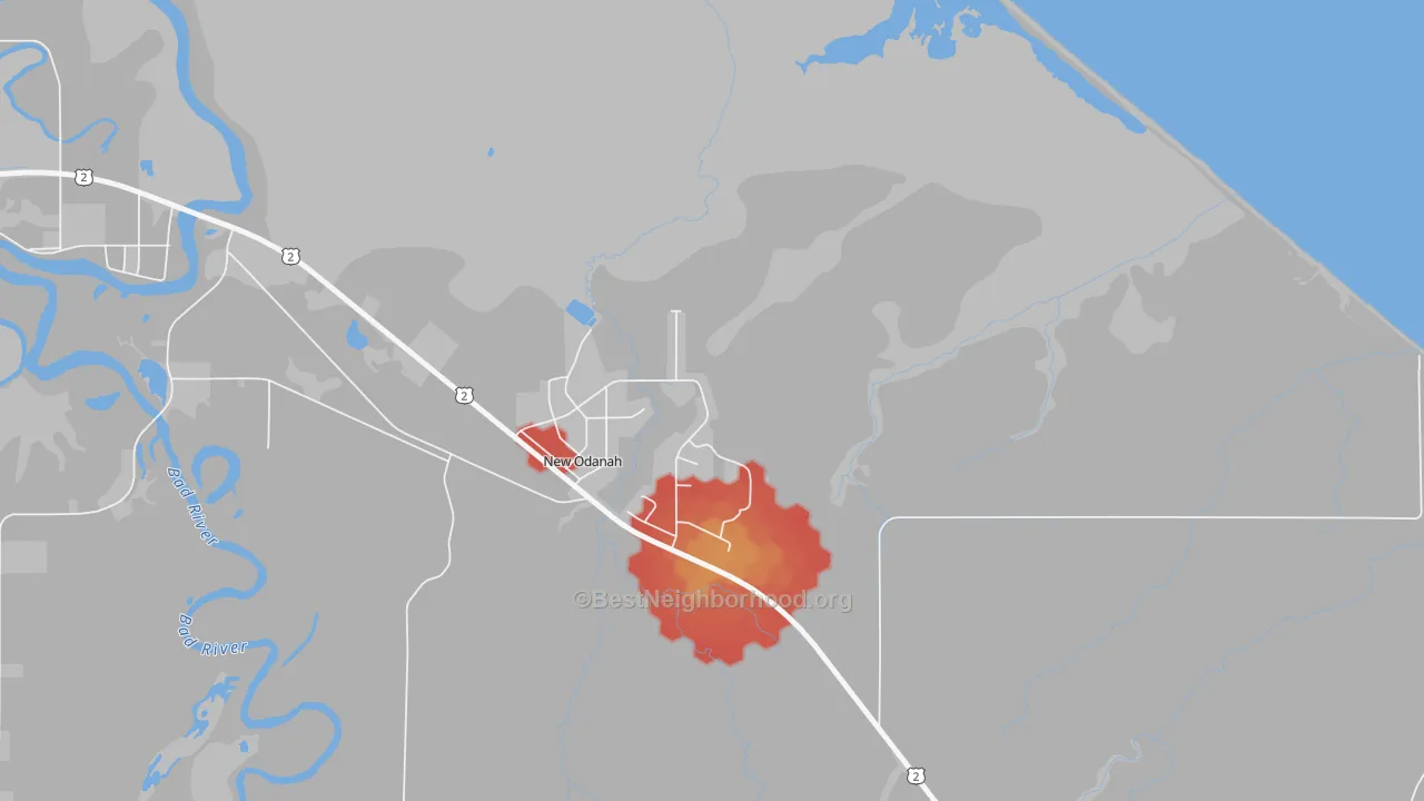 Walk Grade map of New Odanah, WI, walkable areas in green and car-dependent areas in red