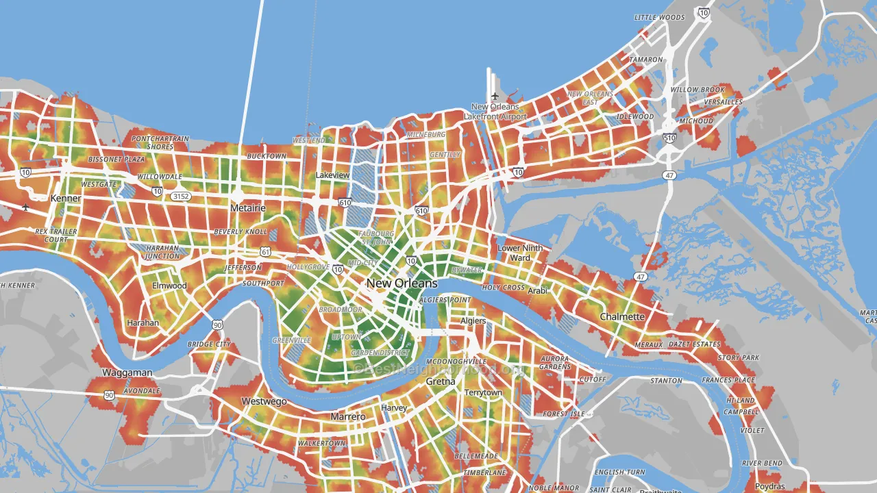 Walk Grade map of New Orleans, LA, walkable areas in green and car-dependent areas in red