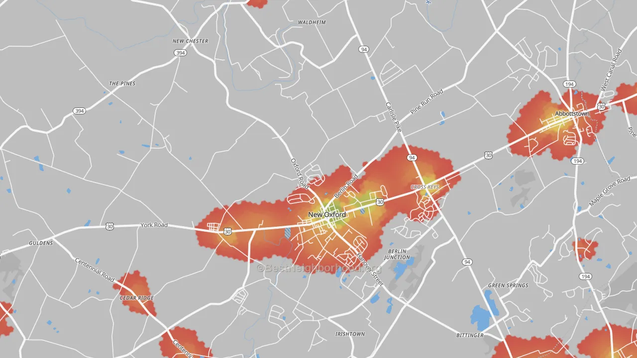 Walk Grade map of New Oxford, PA, walkable areas in green and car-dependent areas in red