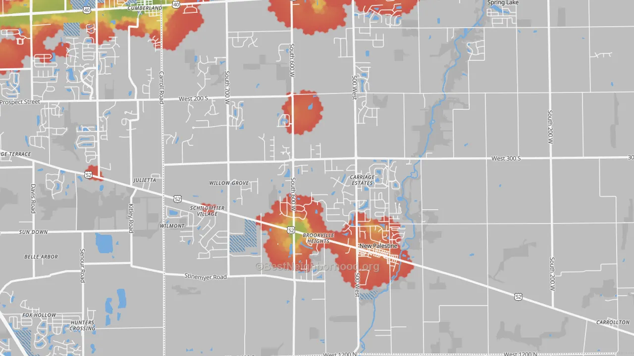 Walk Grade map of New Palestine, IN, walkable areas in green and car-dependent areas in red