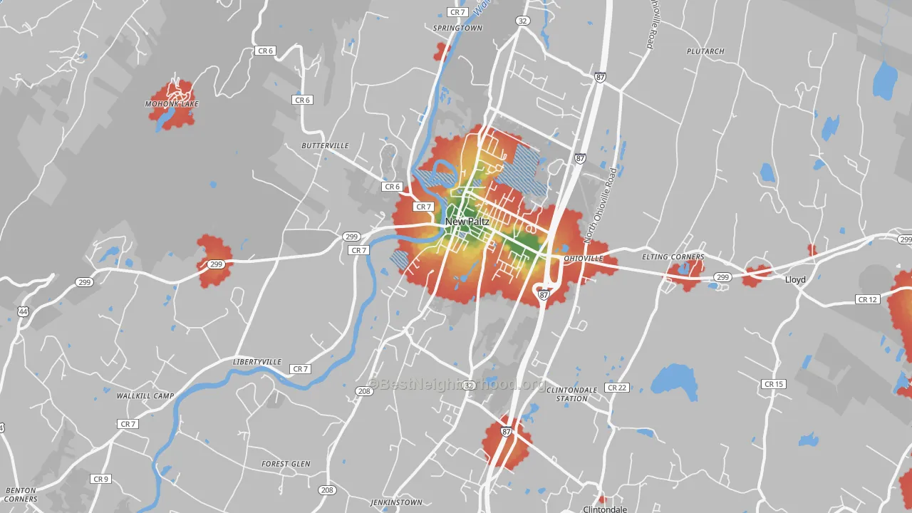 Walk Grade map of New Paltz, NY, walkable areas in green and car-dependent areas in red