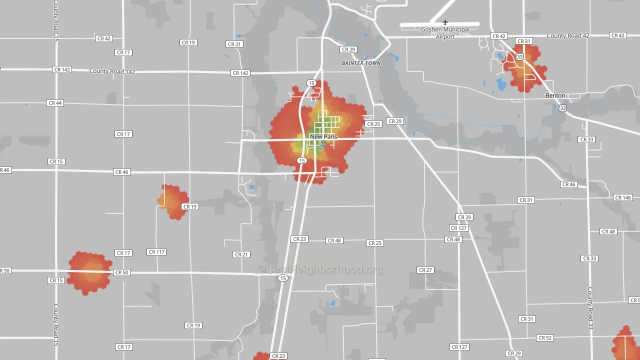 Walk Grade map of New Paris, IN, walkable areas in green and car-dependent areas in red