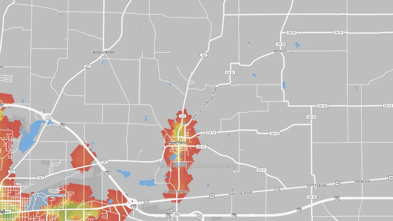 Walk Grade map of New Paris, OH, walkable areas in green and car-dependent areas in red