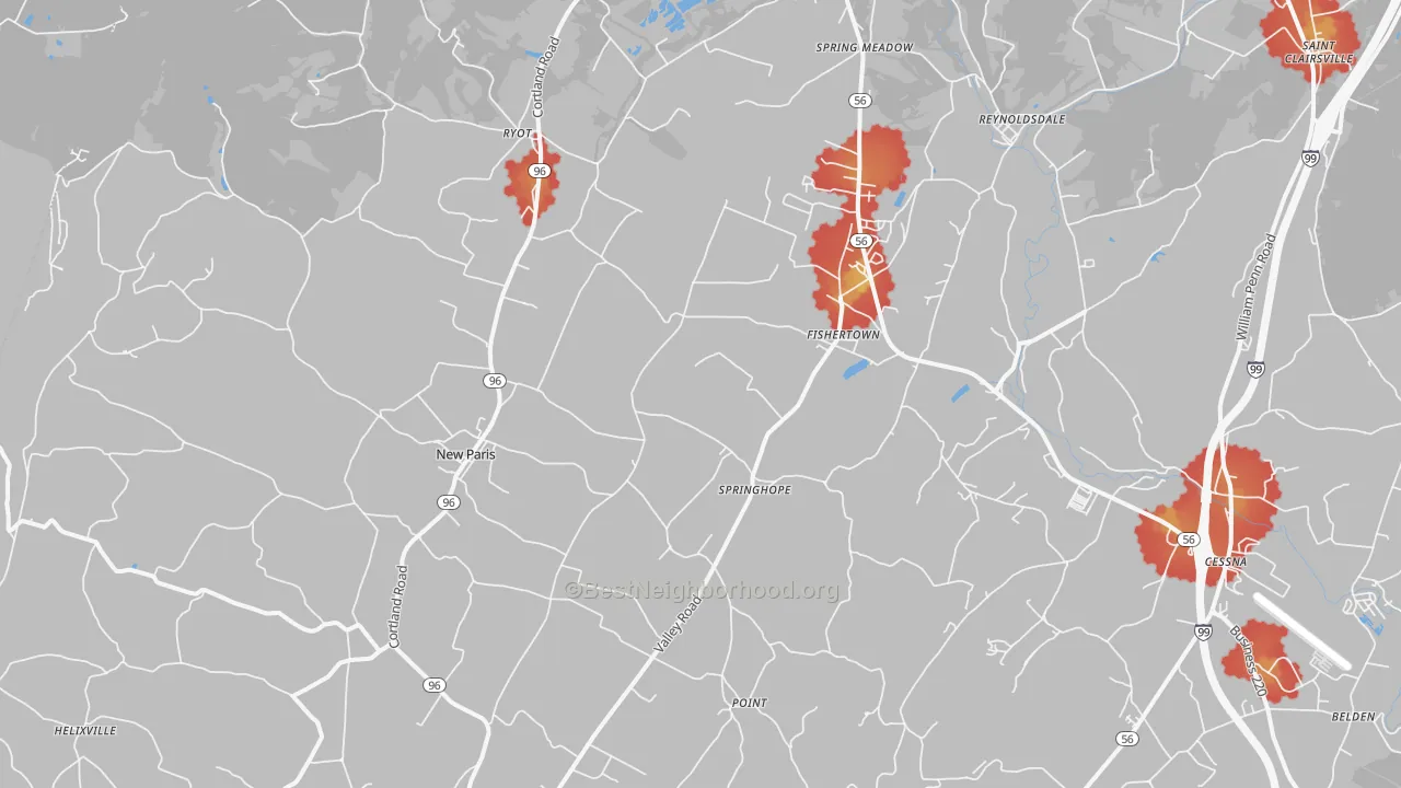 Walk Grade map of New Paris, PA, walkable areas in green and car-dependent areas in red