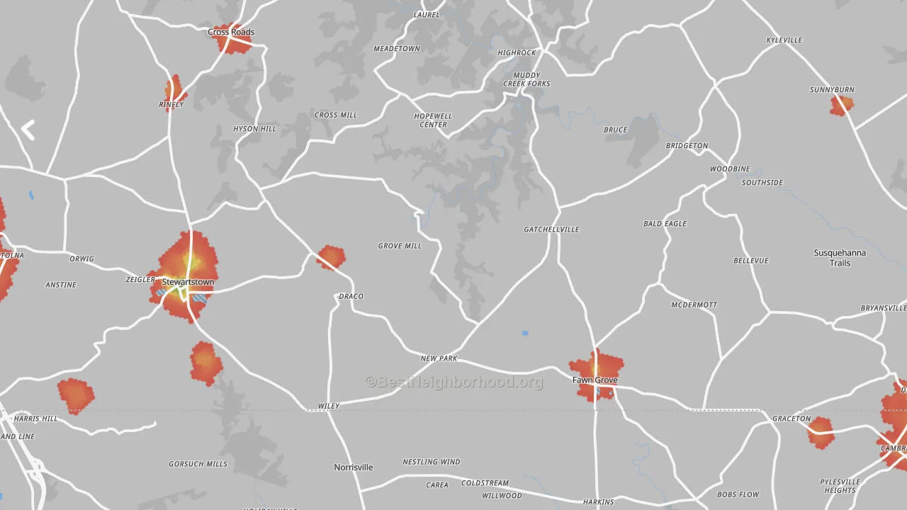 Walk Grade map of New Park, PA, walkable areas in green and car-dependent areas in red