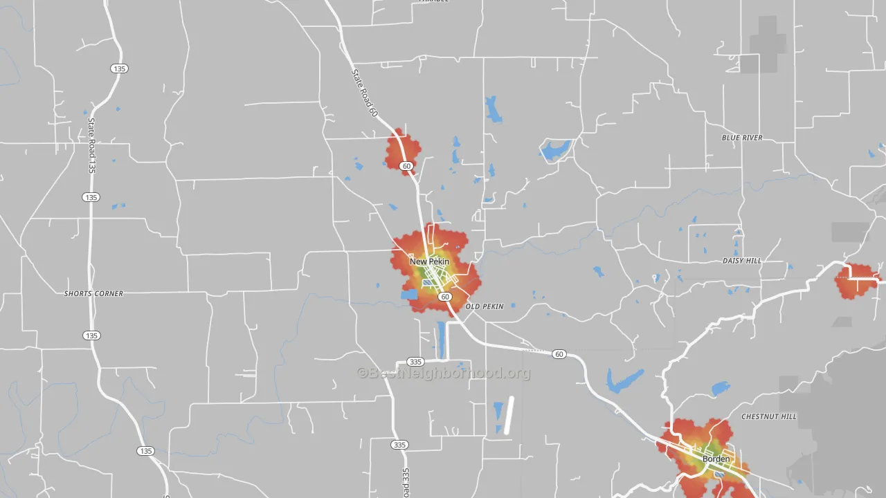 Walk Grade map of New Pekin, IN, walkable areas in green and car-dependent areas in red