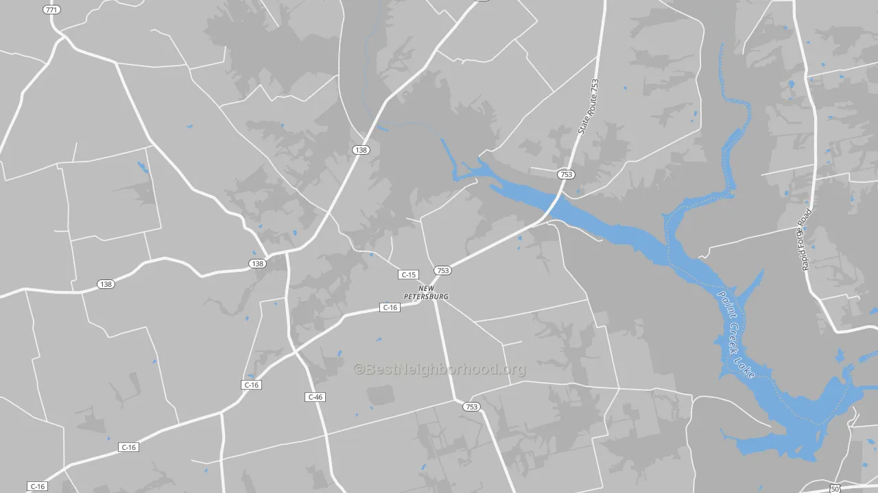 Walk Grade map of New Petersburg, OH, walkable areas in green and car-dependent areas in red