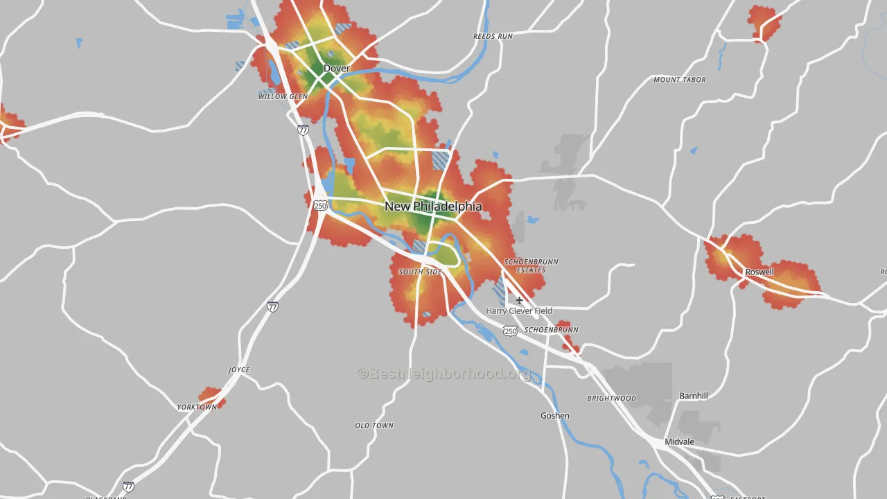 Walk Grade map of New Philadelphia, OH, walkable areas in green and car-dependent areas in red