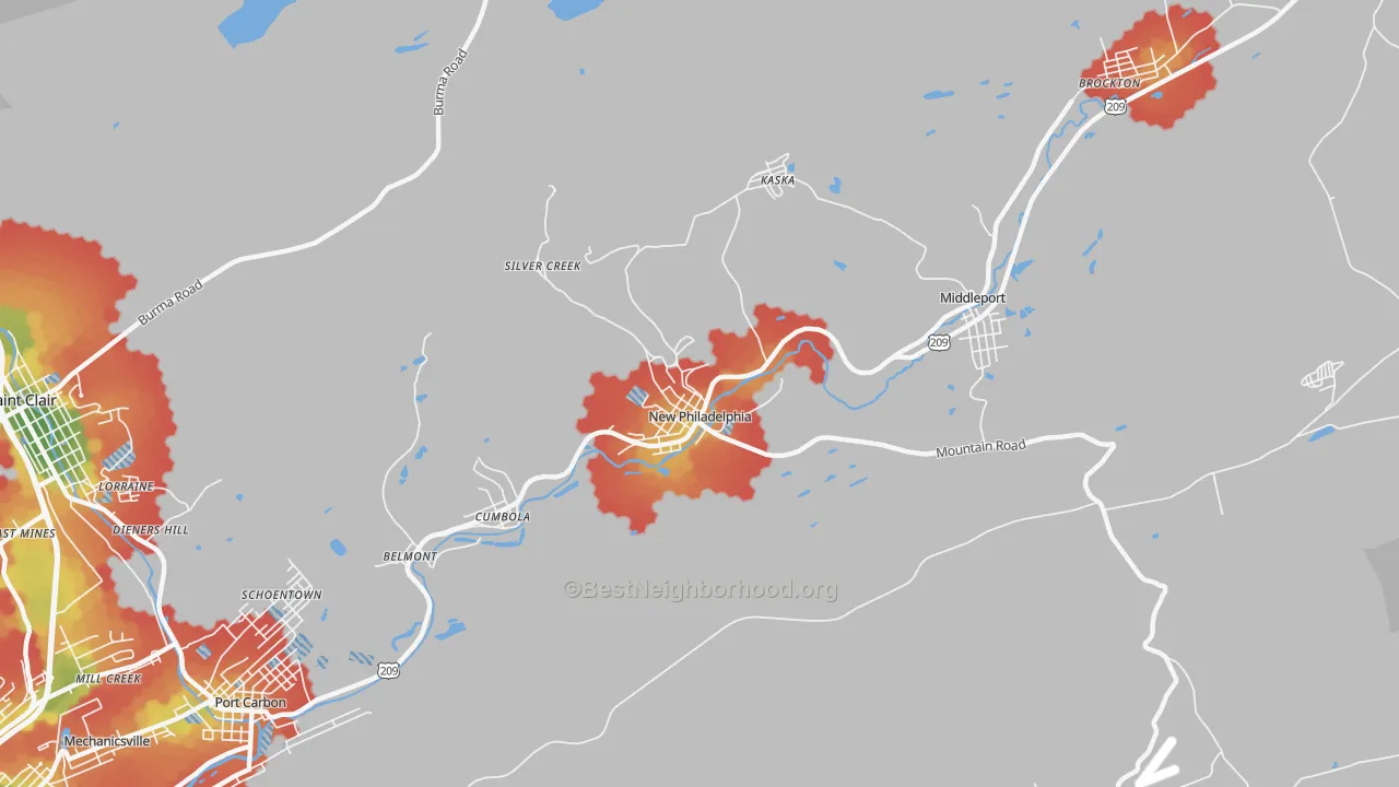 Walk Grade map of New Philadelphia, PA, walkable areas in green and car-dependent areas in red