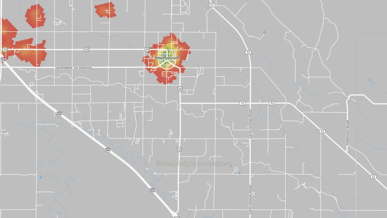 Walk Grade map of New Plymouth, ID, walkable areas in green and car-dependent areas in red