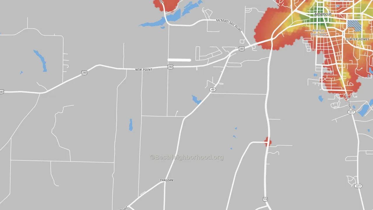 Walk Grade map of New Point, GA, walkable areas in green and car-dependent areas in red