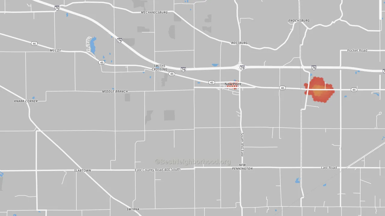 Walk Grade map of New Point, IN, walkable areas in green and car-dependent areas in red