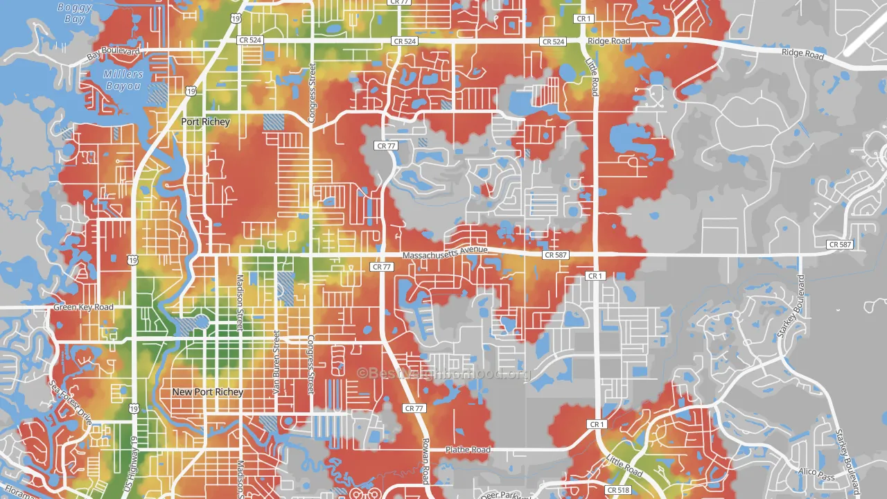 Walk Grade map of New Port Richey East, FL, walkable areas in green and car-dependent areas in red