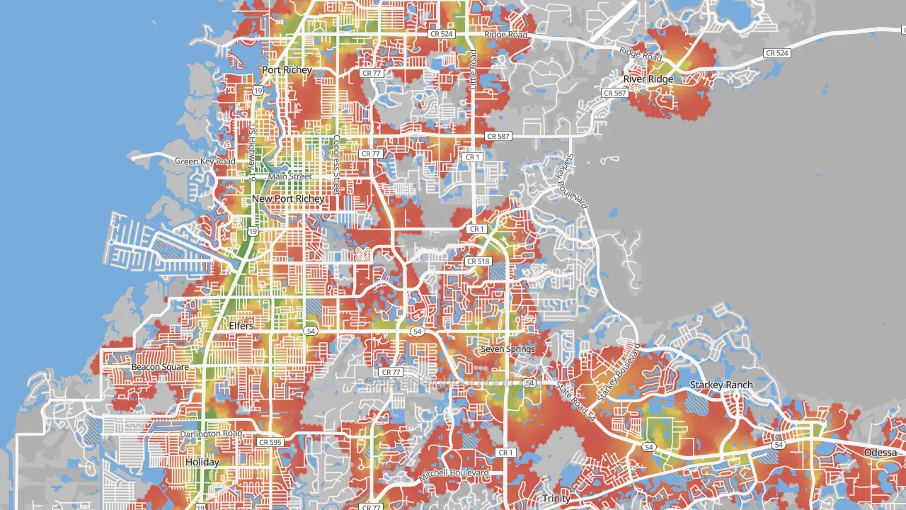 Walk Grade map of New Port Richey, FL, walkable areas in green and car-dependent areas in red