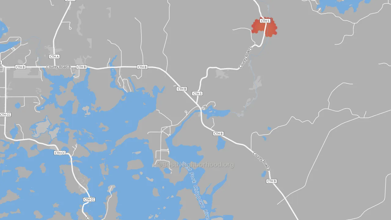 Walk Grade map of New Post, WI, walkable areas in green and car-dependent areas in red