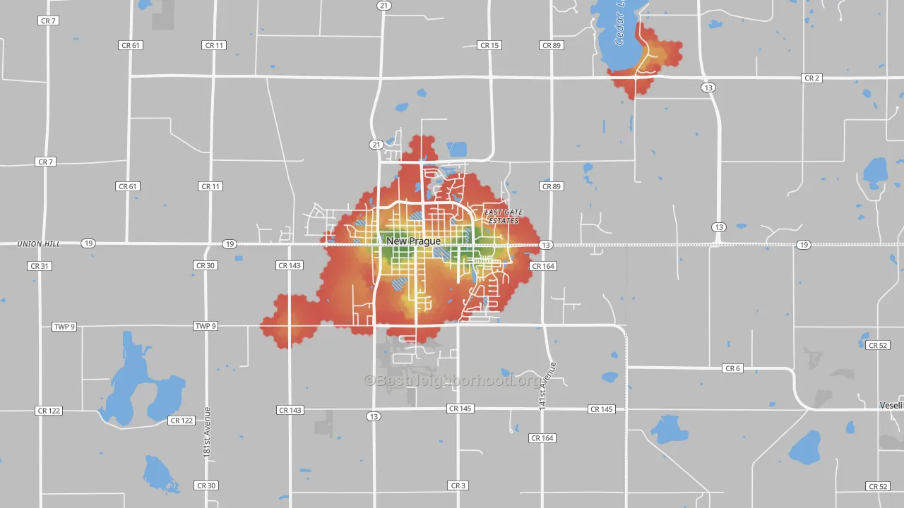 Walk Grade map of New Prague, MN, walkable areas in green and car-dependent areas in red