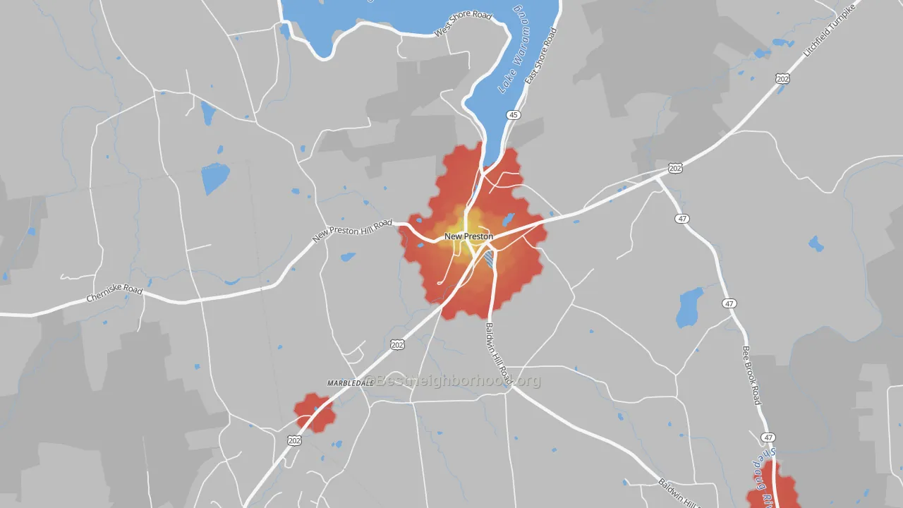 Walk Grade map of New Preston, CT, walkable areas in green and car-dependent areas in red