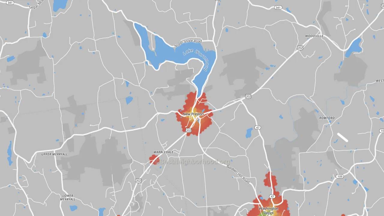 Walk Grade map of New Preston-Marble Dale, CT, walkable areas in green and car-dependent areas in red