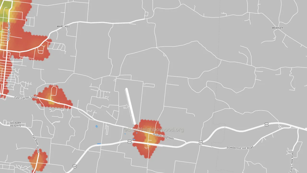 Walk Grade map of New Prospect, TN, walkable areas in green and car-dependent areas in red