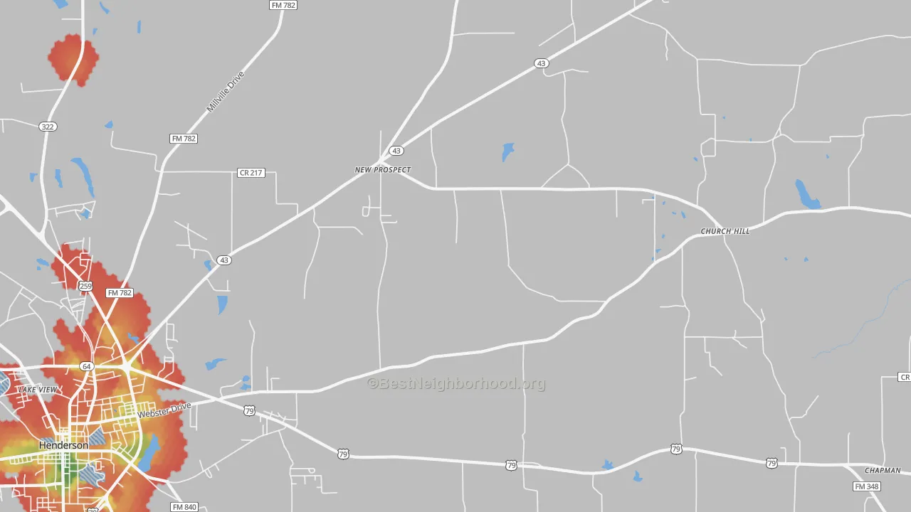 Walk Grade map of New Prospect, TX, walkable areas in green and car-dependent areas in red