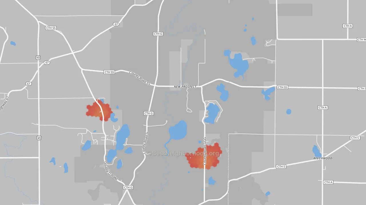 Walk Grade map of New Prospect, WI, walkable areas in green and car-dependent areas in red