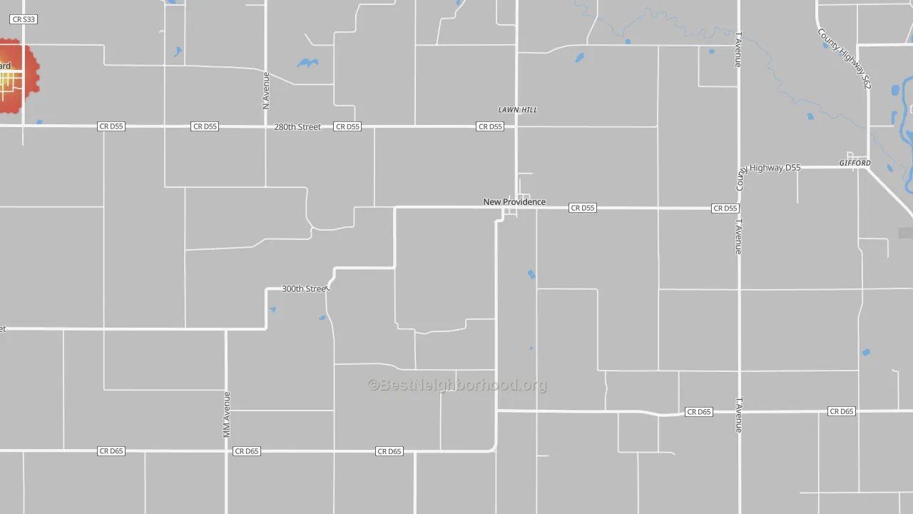 Walk Grade map of New Providence, IA, walkable areas in green and car-dependent areas in red