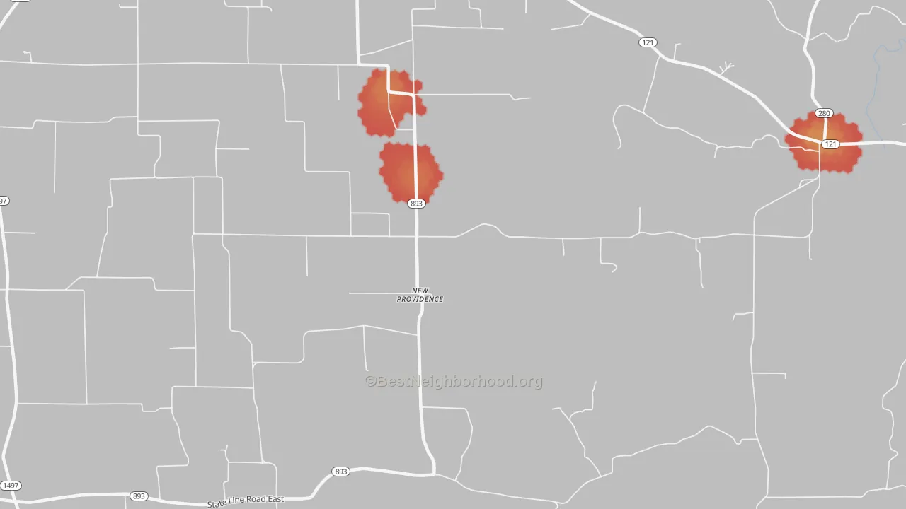 Walk Grade map of New Providence, KY, walkable areas in green and car-dependent areas in red